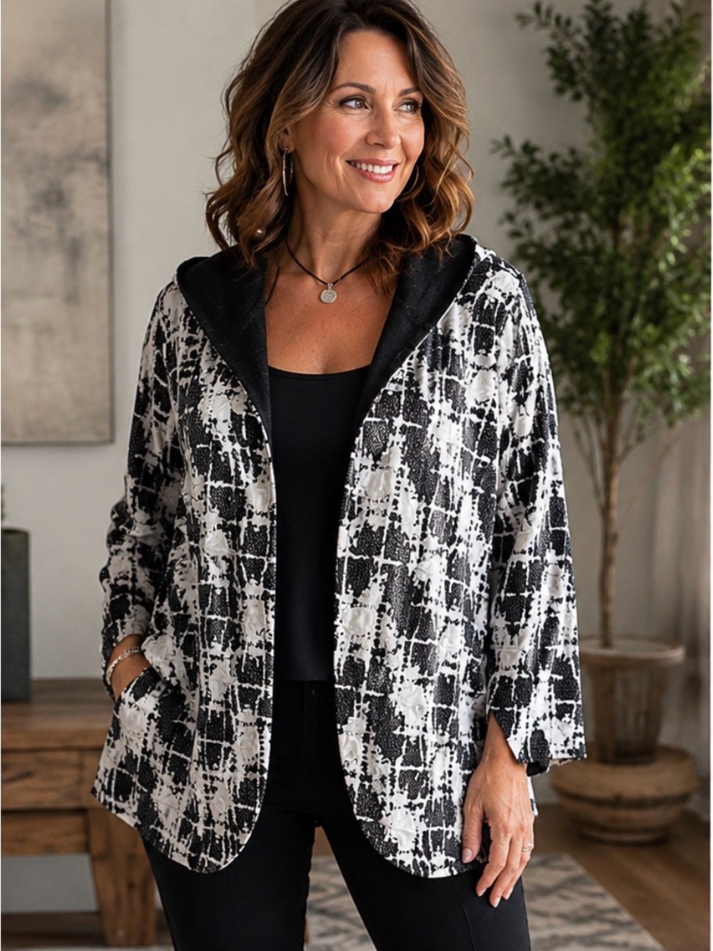 Parsley & Sage Black and White Patterned Hooded Jacket